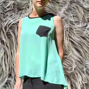 Sleeveless Mint Green Chiffon Hi-Lo Tunic with Front Pocket, Size: S